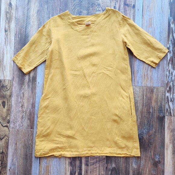LO Len Ok 100% Linen Lagenlook Mini Shift Dress Half Sleeve Pocket Yellow - Picture 2 of 7